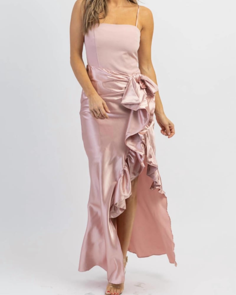 Front of a model wearing a size L Siobhan Side Ruffle Dress In Dusty Pink in Dusty Pink by MABLE. | dia_product_style_image_id:355346